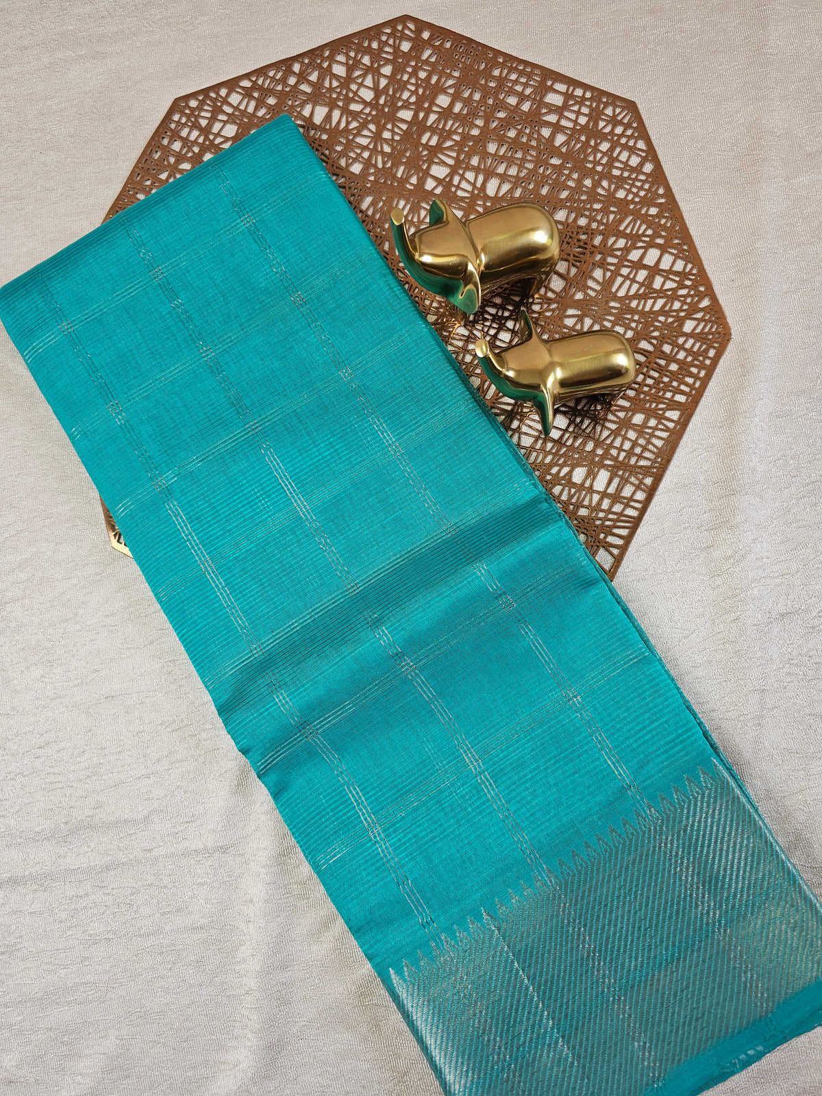 Handwoven Mangalagiri Pattu Saree with Big Checks -  Sea Green