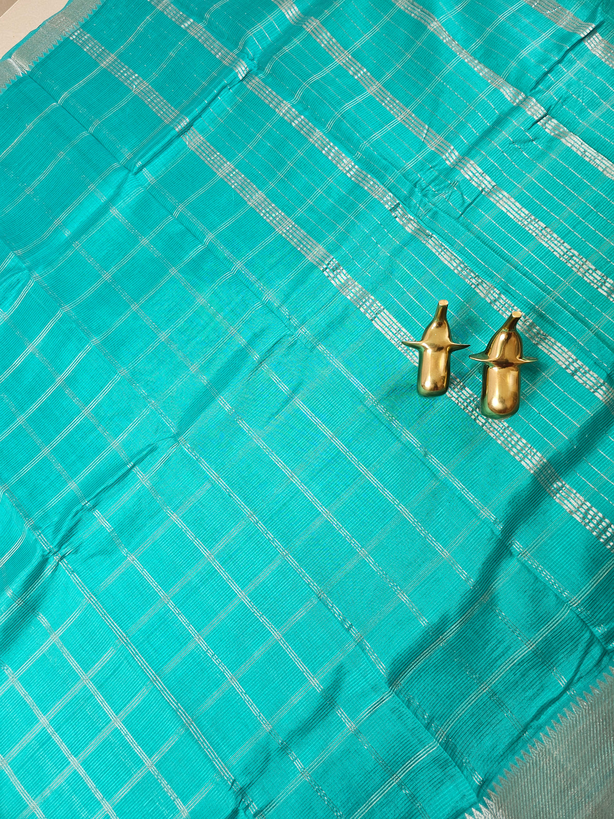 Handwoven Mangalagiri Pattu Saree with Big Checks -  Sea Green