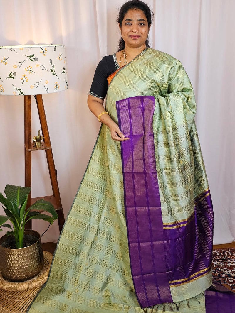 Semi Raw Silk Saree - Pista Green with Purple