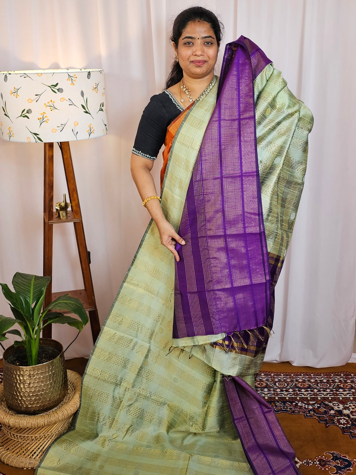 Semi Raw Silk Saree - Pista Green with Purple