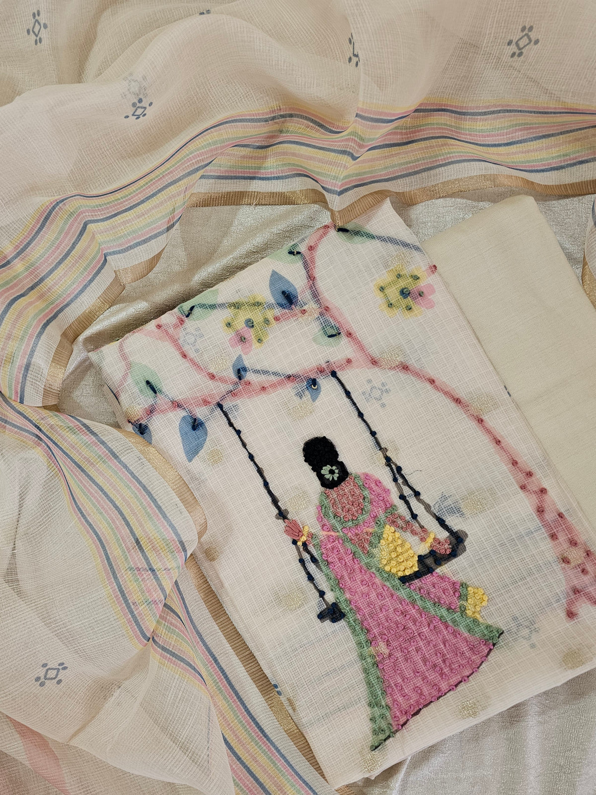 Semi Tussar Tissue Unstitched Salwar - Cream