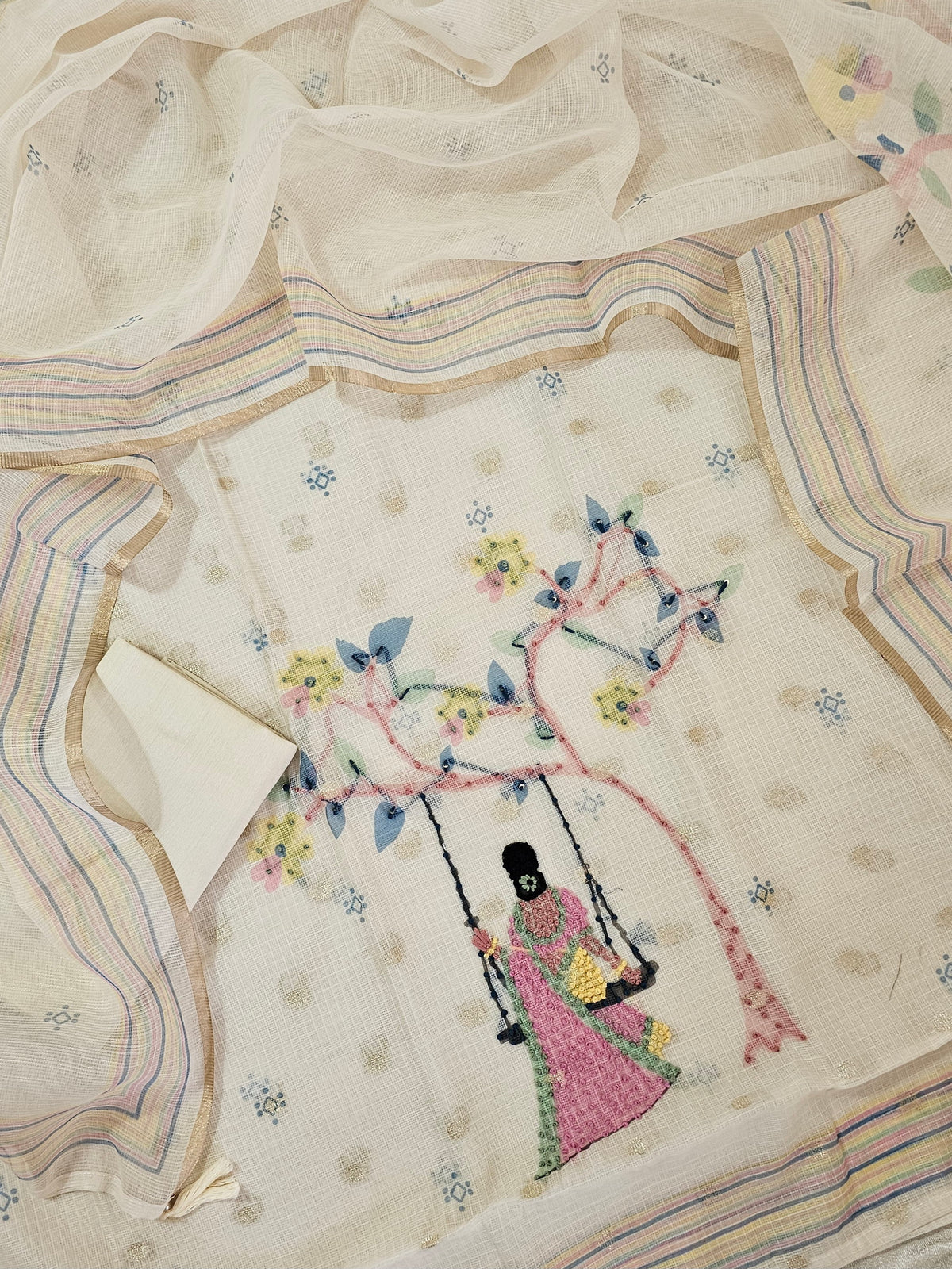Semi Tussar Tissue Unstitched Salwar - Cream