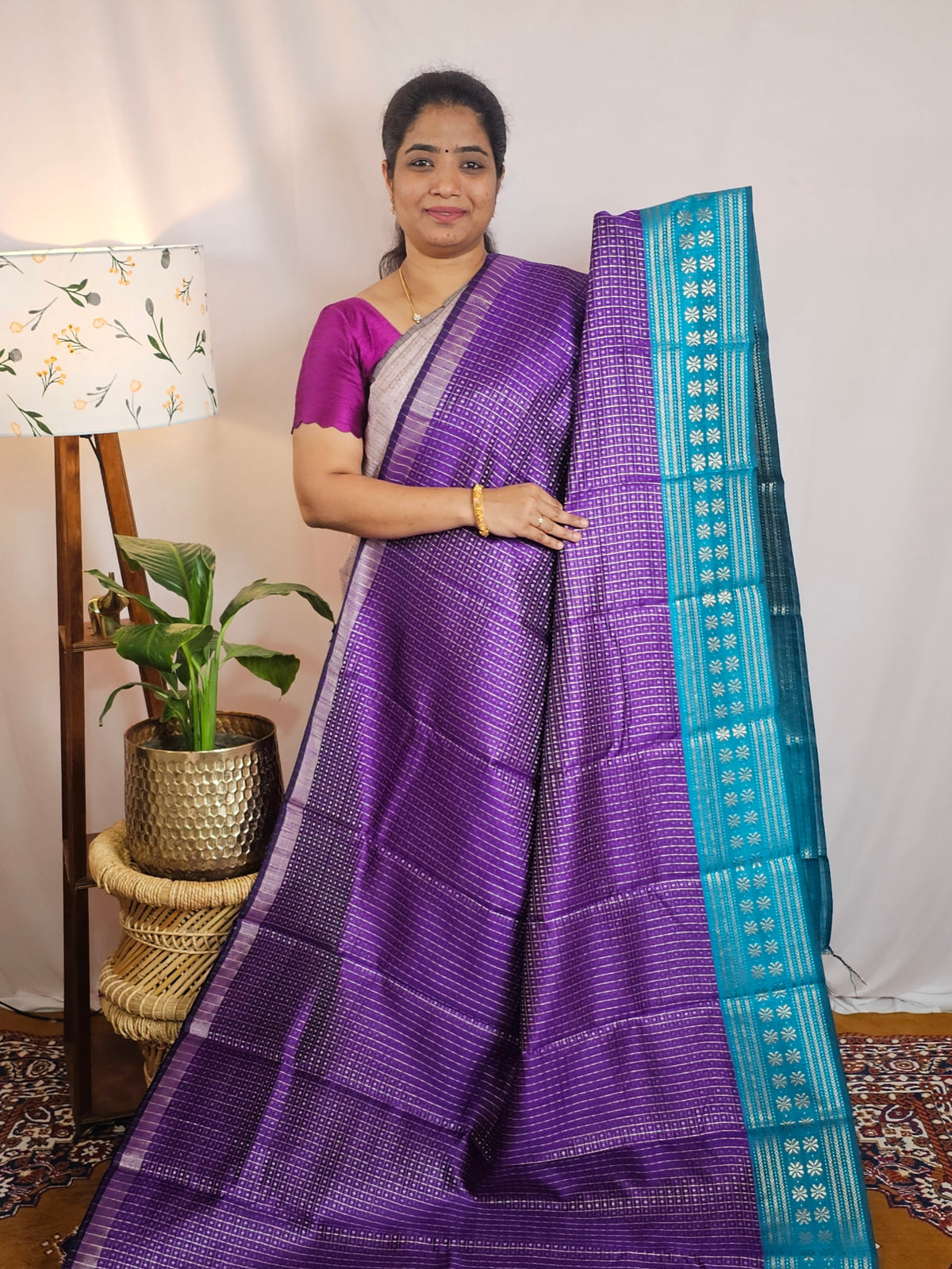 Semi Raw Silk Saree - Purple with Blue