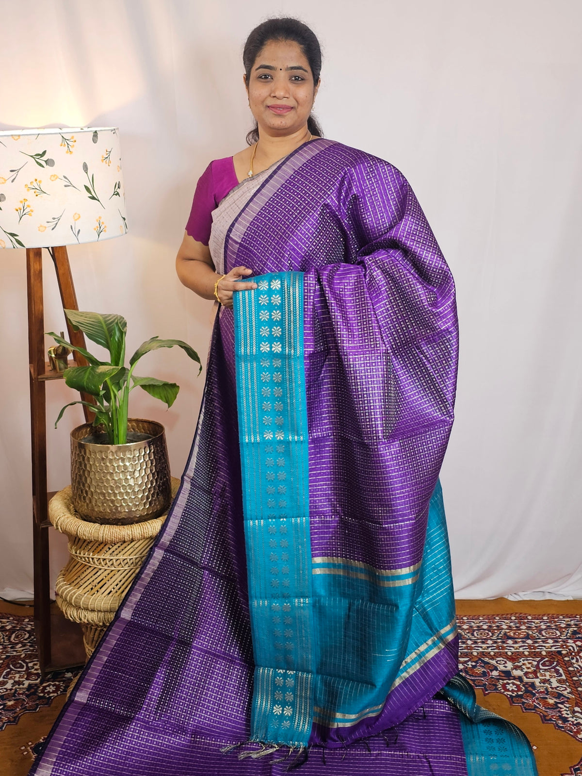 Semi Raw Silk Saree - Purple with Blue