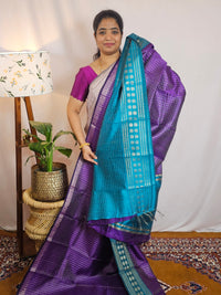 Semi Raw Silk Saree - Purple with Blue