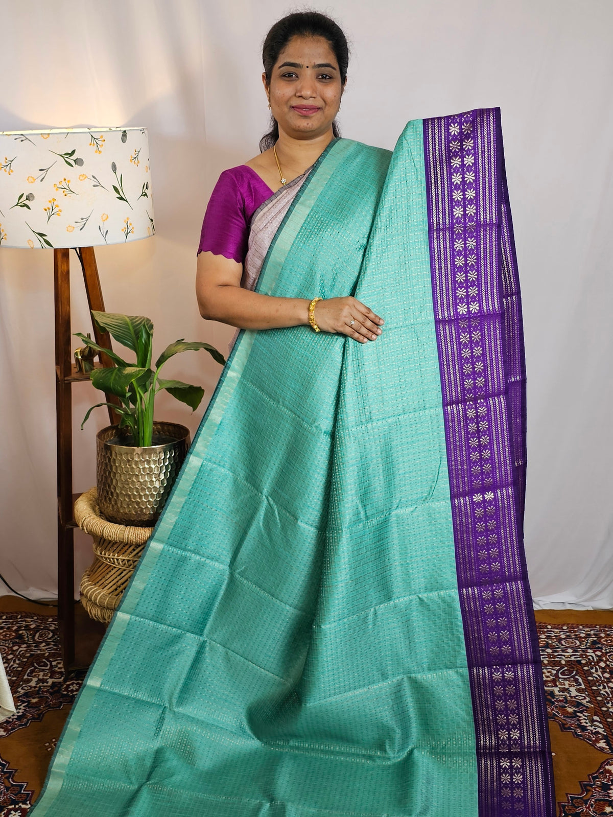 Semi Raw Silk Saree - Aqua Green with Purple