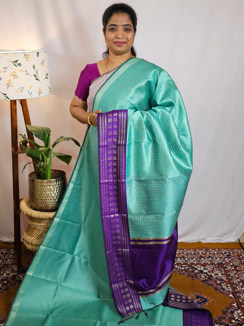 Semi Raw Silk Saree - Aqua Green with Purple