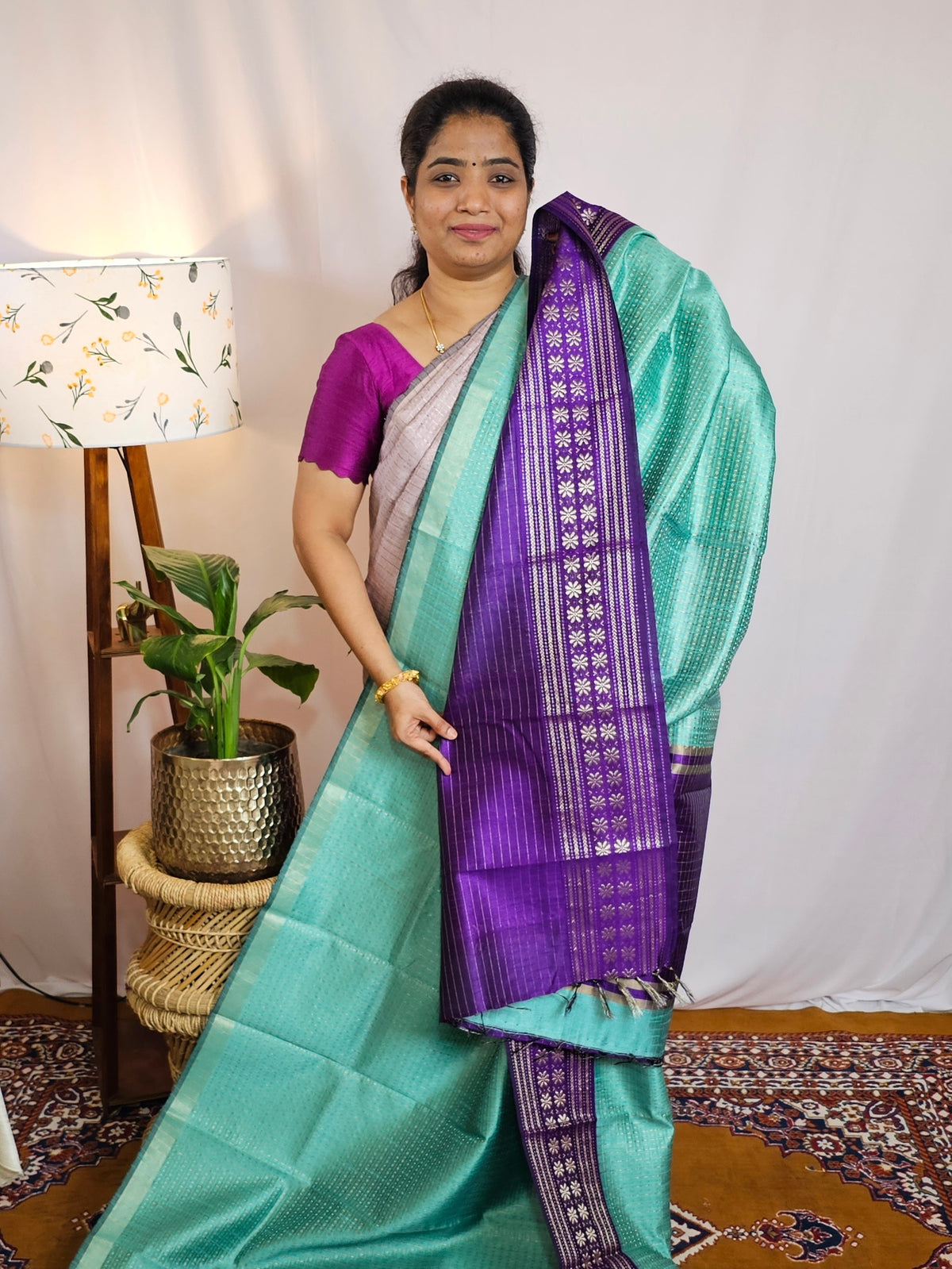 Semi Raw Silk Saree - Aqua Green with Purple
