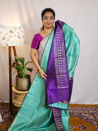 Semi Raw Silk Saree - Aqua Green with Purple