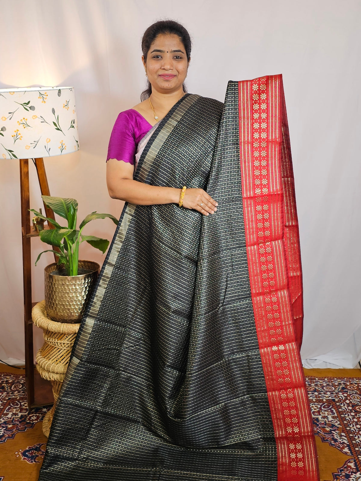 Semi Raw Silk Saree - Black with Red