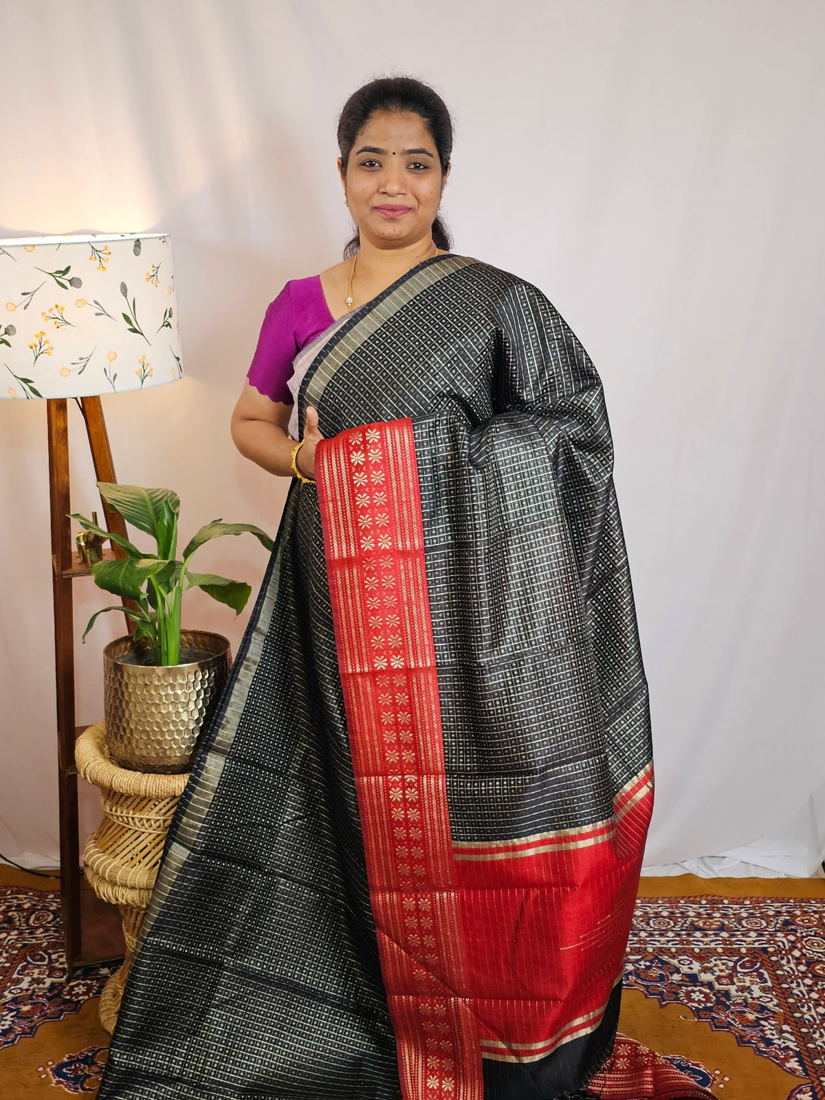 Semi Raw Silk Saree - Black with Red
