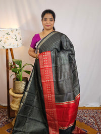 Semi Raw Silk Saree - Black with Red