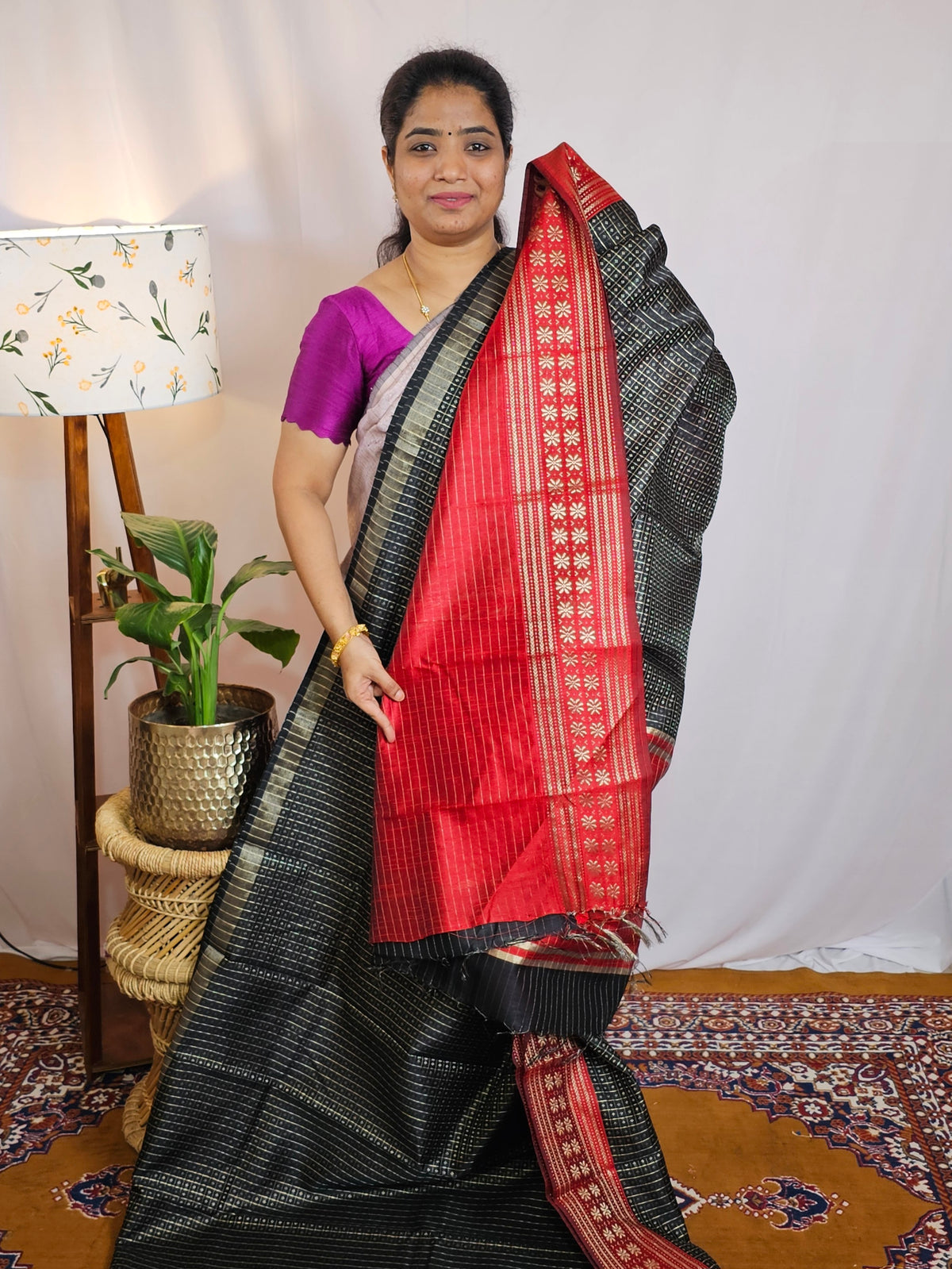 Semi Raw Silk Saree - Black with Red