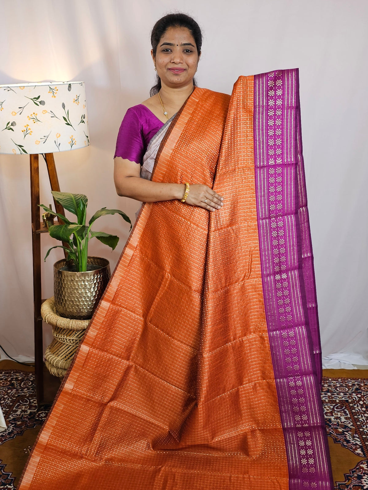Semi Raw Silk Saree - Orange with Magenta Pink