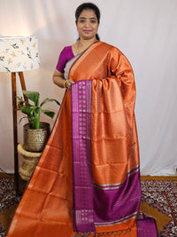 Semi Raw Silk Saree - Orange with Magenta Pink