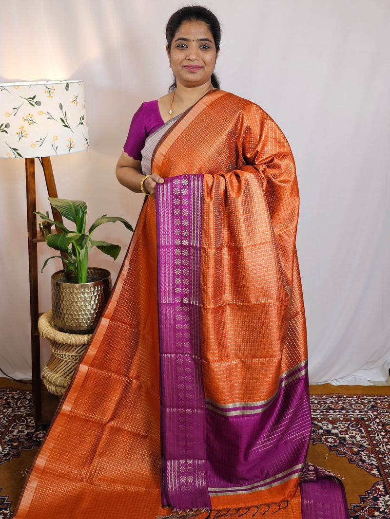 Semi Raw Silk Saree - Orange with Magenta Pink