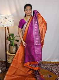 Semi Raw Silk Saree - Orange with Magenta Pink