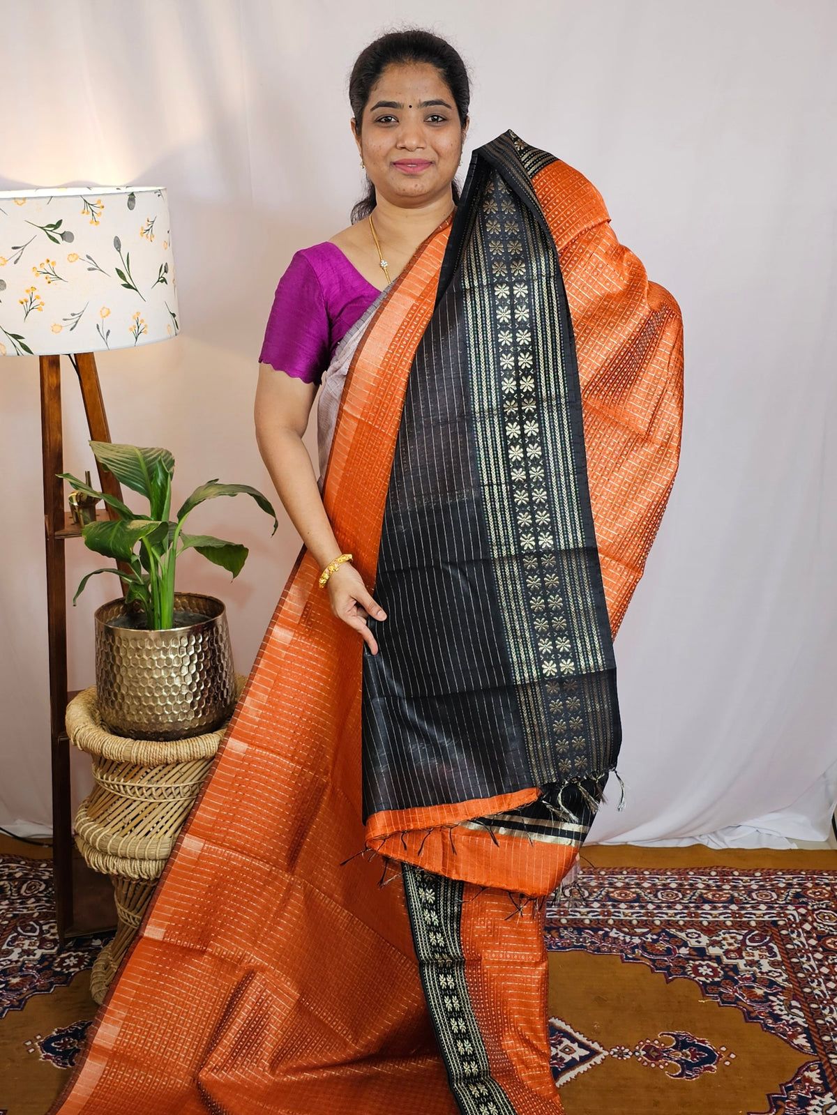 Semi Raw Silk Saree - Orange with Black