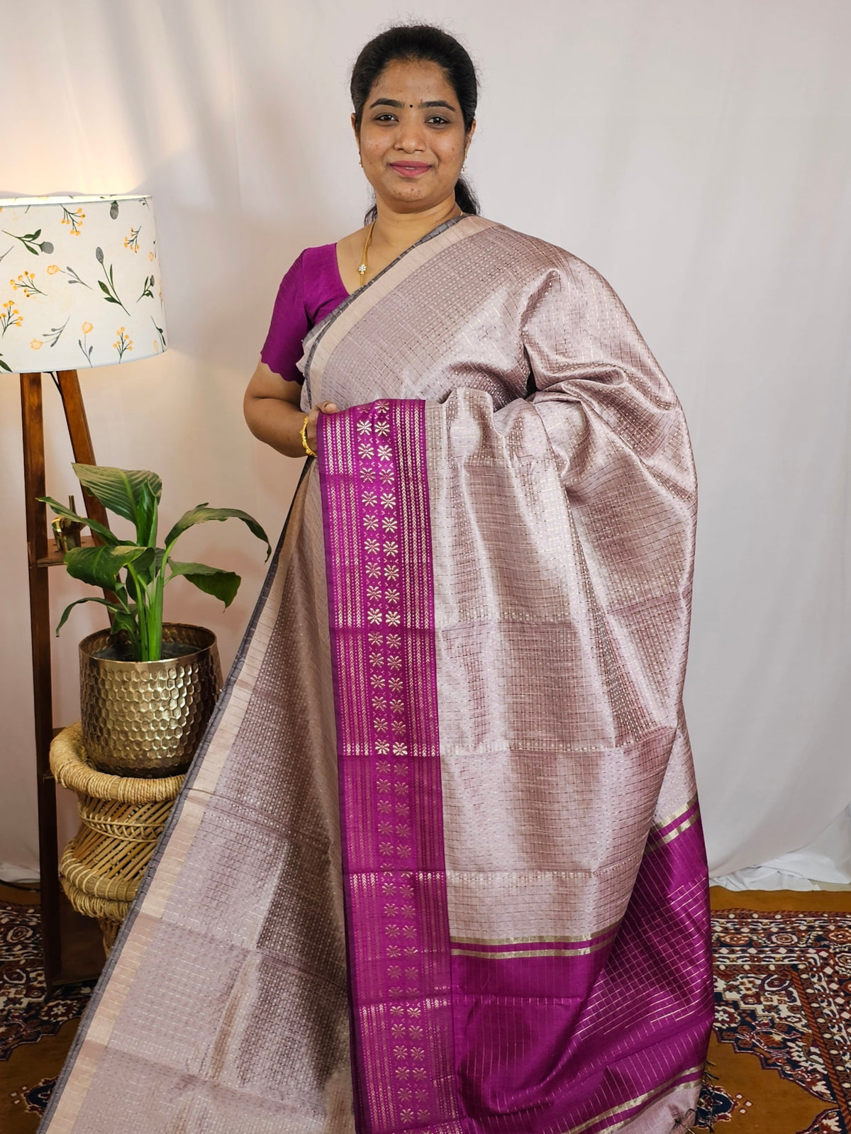 Semi Raw Silk Saree - Onion Pink with Magenta Pink
