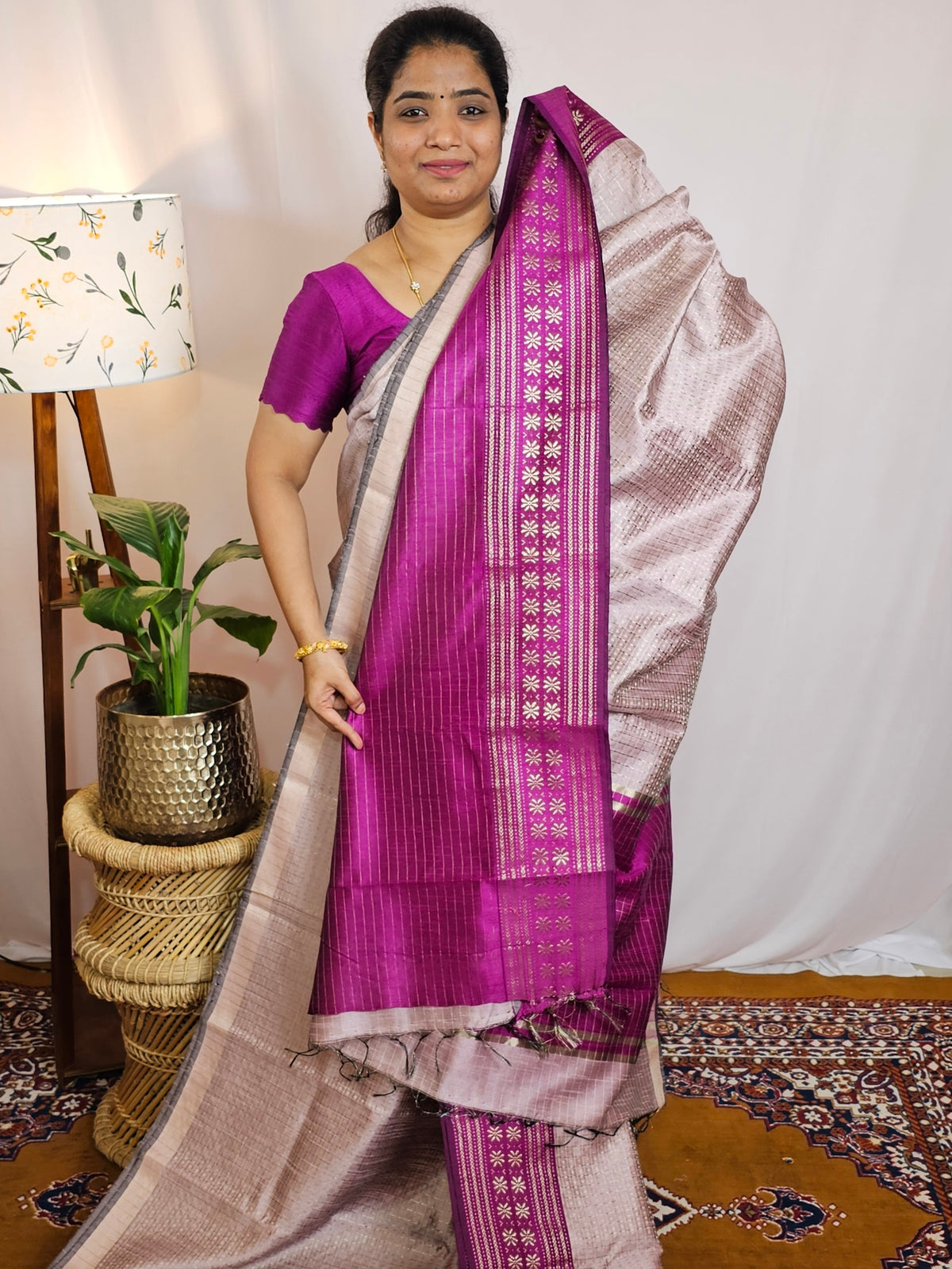 Semi Raw Silk Saree - Onion Pink with Magenta Pink