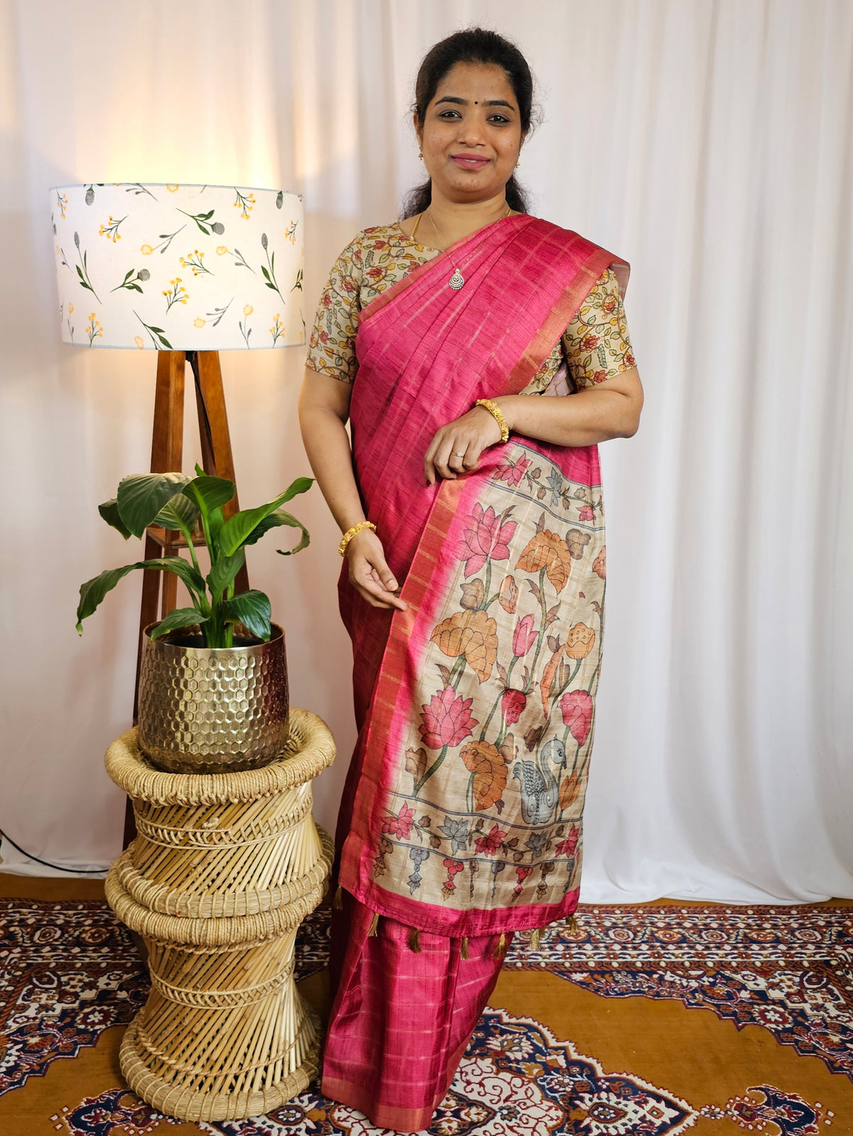 Soft Semi Tussar Checks Weaving with Kalamkari - Dark Pink