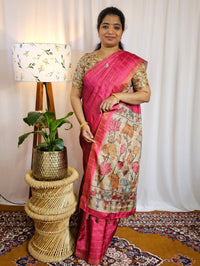 Soft Semi Tussar Checks Weaving with Kalamkari - Dark Pink