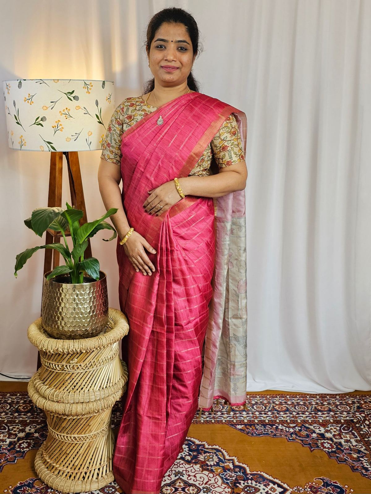 Soft Semi Tussar Checks Weaving with Kalamkari - Dark Pink