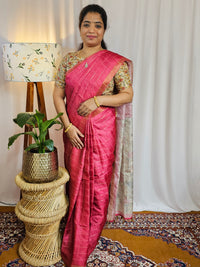 Soft Semi Tussar Checks Weaving with Kalamkari - Dark Pink