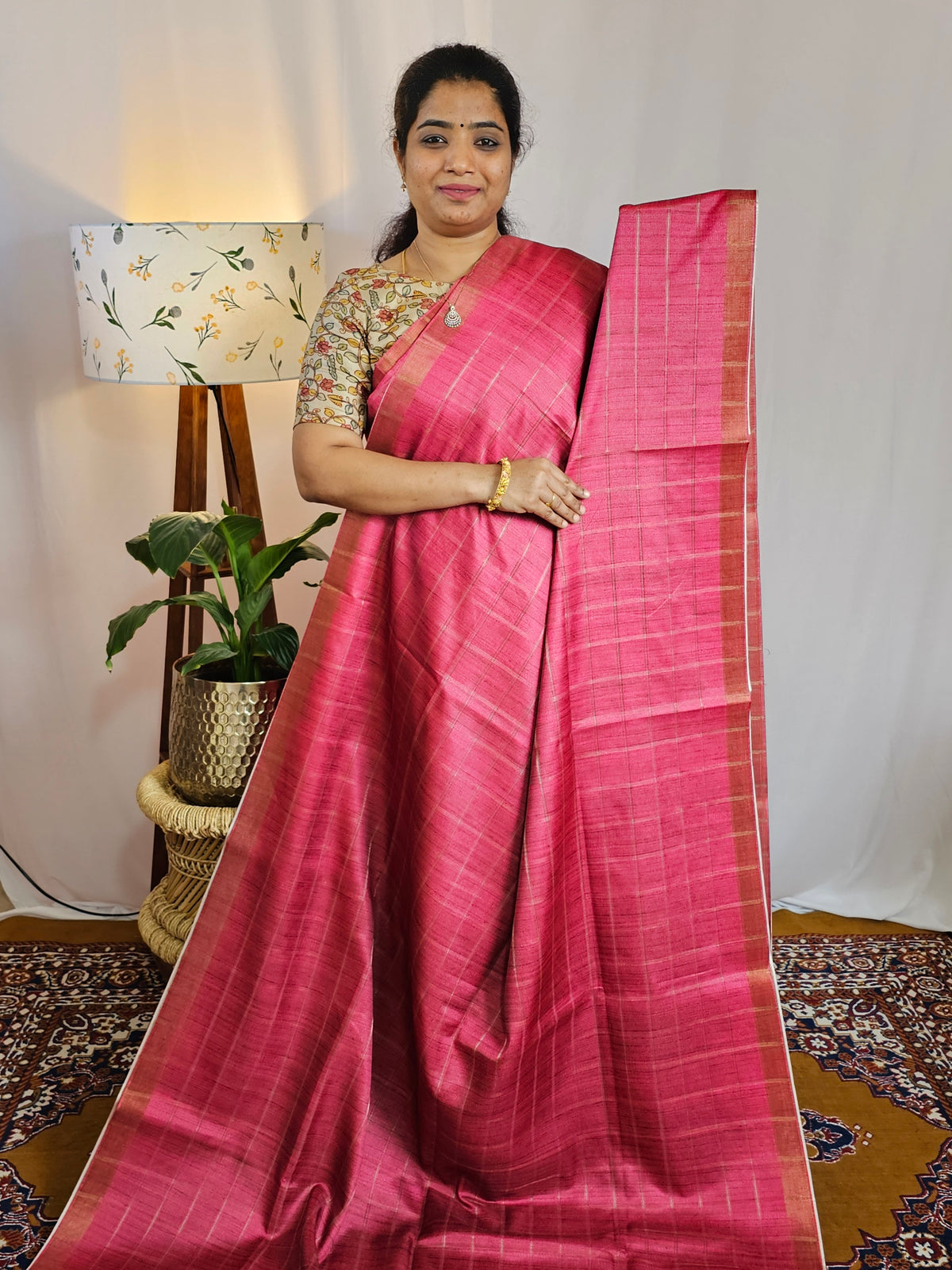 Soft Semi Tussar Checks Weaving with Kalamkari - Dark Pink
