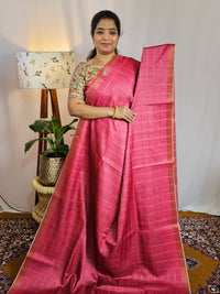 Soft Semi Tussar Checks Weaving with Kalamkari - Dark Pink