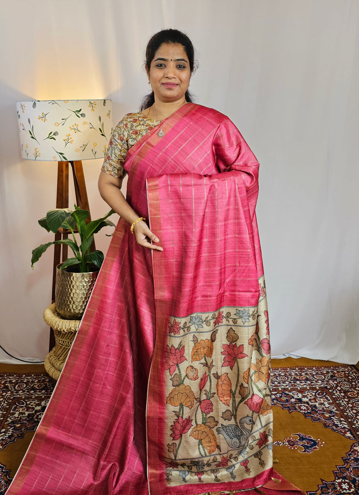Soft Semi Tussar Checks Weaving with Kalamkari - Dark Pink