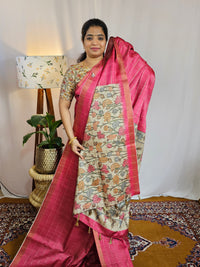 Soft Semi Tussar Checks Weaving with Kalamkari - Dark Pink