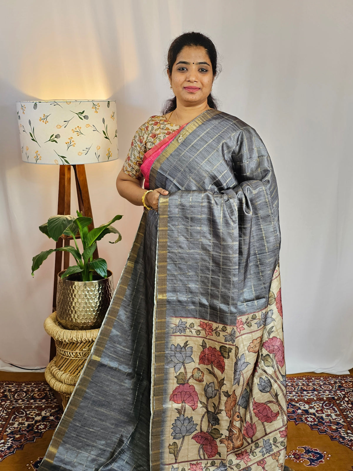 Soft Semi Tussar Checks Weaving with Kalamkari - Grey
