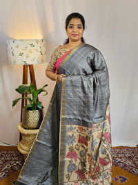 Soft Semi Tussar Checks Weaving with Kalamkari - Grey