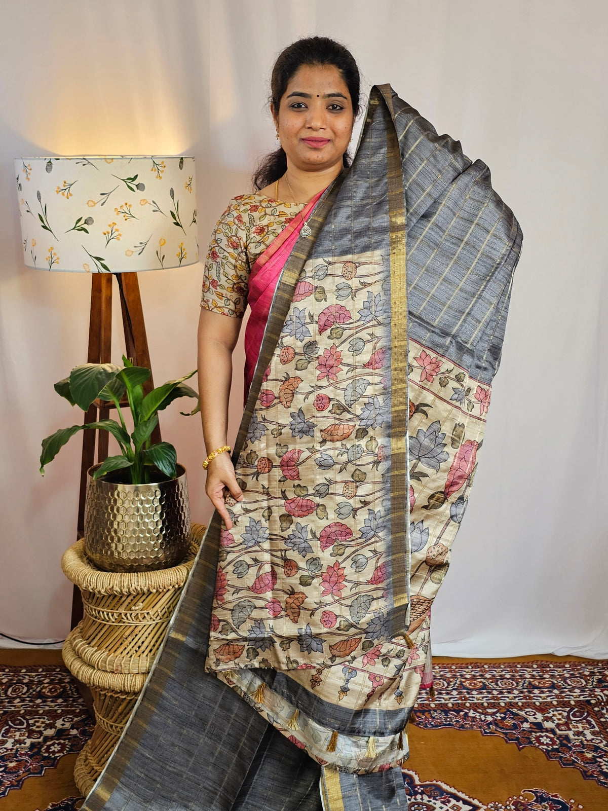 Soft Semi Tussar Checks Weaving with Kalamkari - Grey