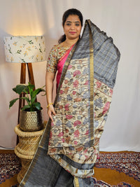 Soft Semi Tussar Checks Weaving with Kalamkari - Grey