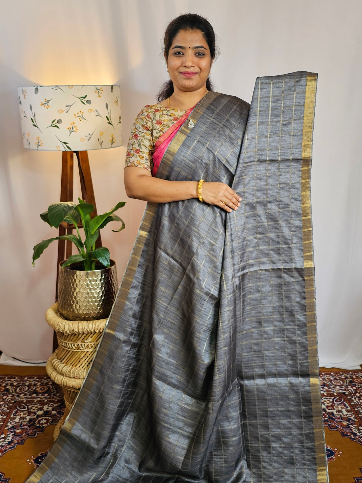 Soft Semi Tussar Checks Weaving with Kalamkari - Grey