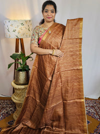 Soft Semi Tussar Checks Weaving with Kalamkari - Honey Brown