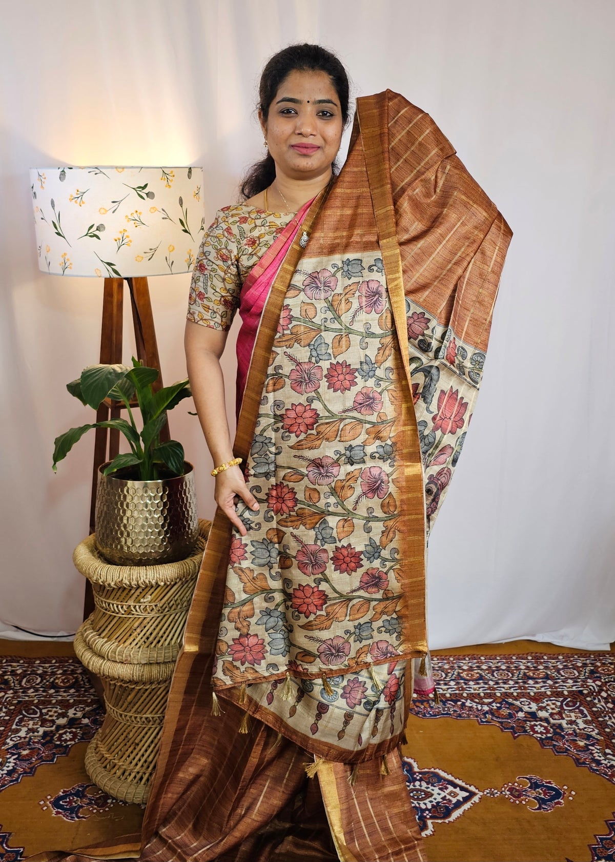 Soft Semi Tussar Checks Weaving with Kalamkari - Honey Brown