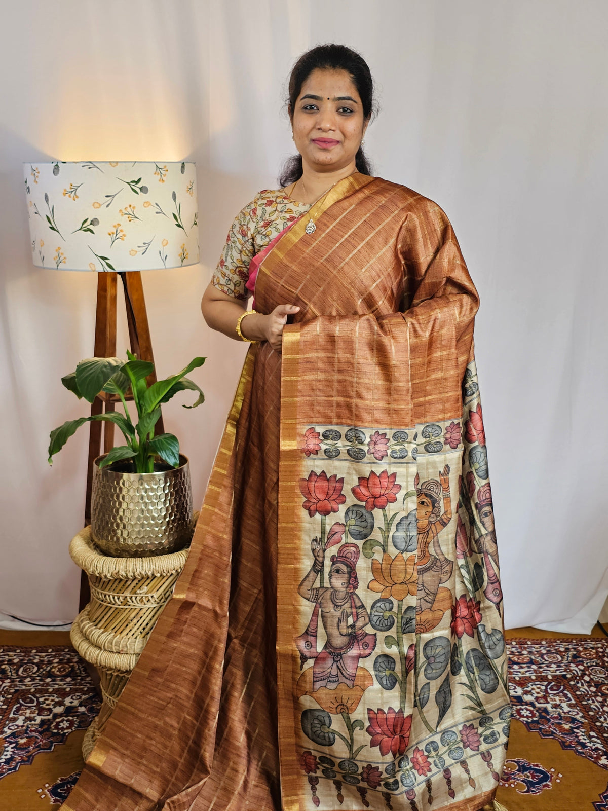 Soft Semi Tussar Checks Weaving with Kalamkari - Honey Brown