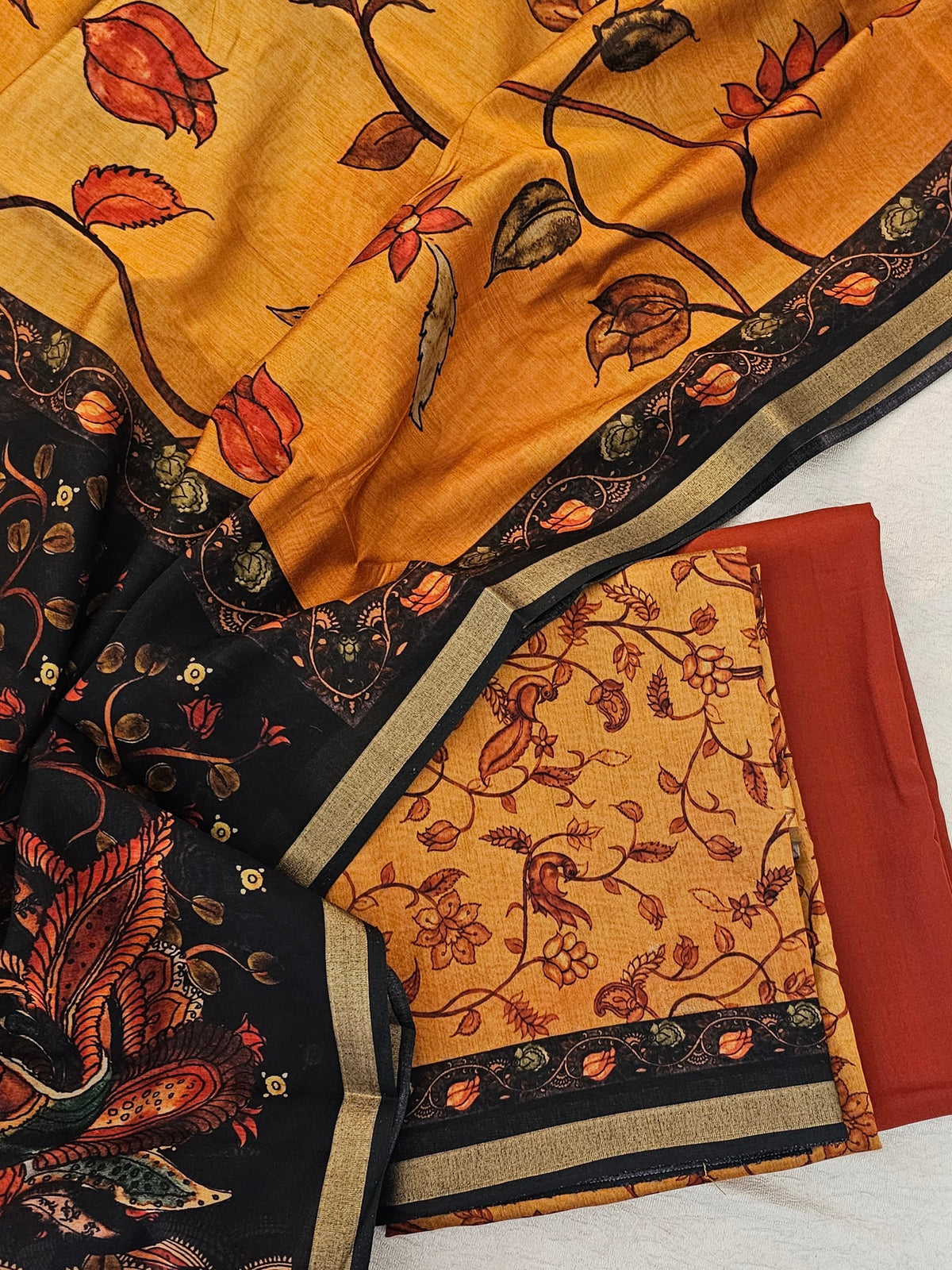 Light Weight Chanderi Unstitched Salwar Suit  - Rust Orange with Black
