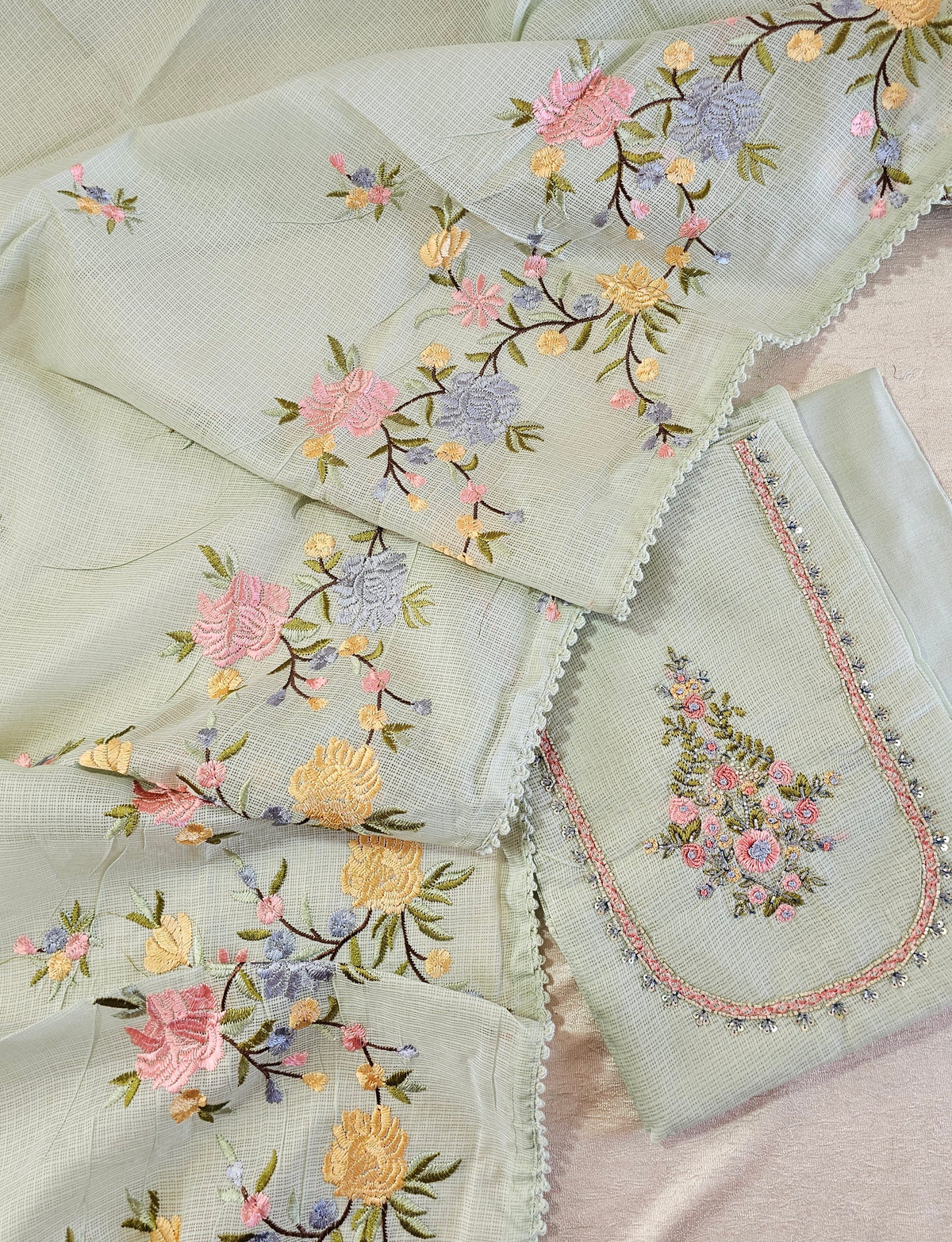 Semi Tussar Kota Unstitched Salwar - Pastel Green