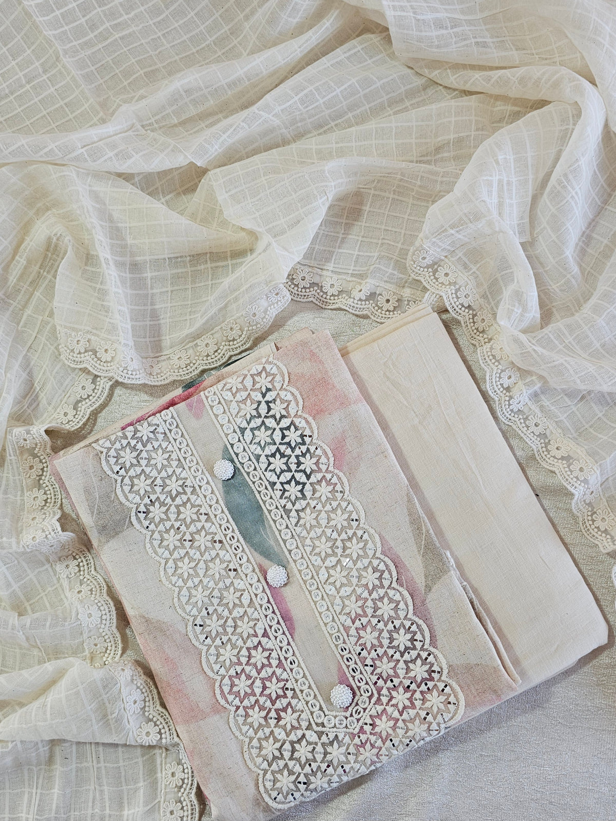 Pure Cotton Unstitched Salwar - Cream with Multi Colour Prints