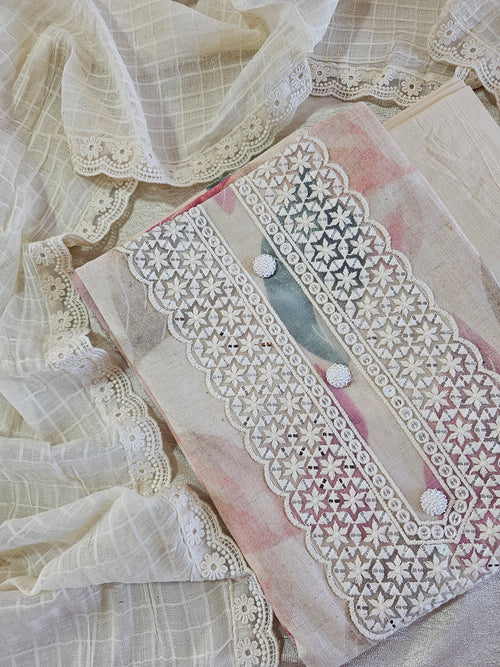 Pure Cotton Unstitched Salwar - Cream with Multi Colour Prints