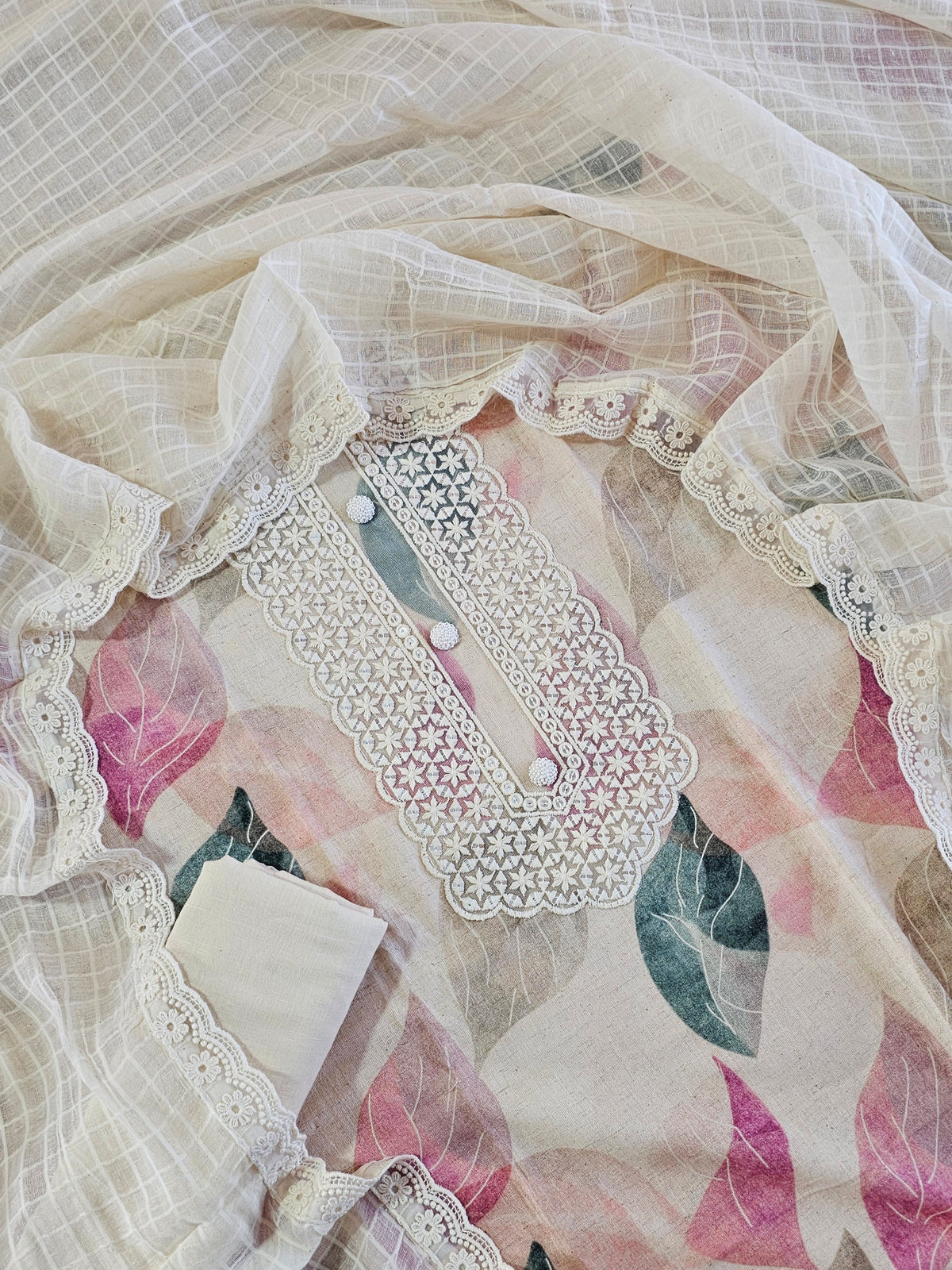 Pure Cotton Unstitched Salwar - Cream with Multi Colour Prints