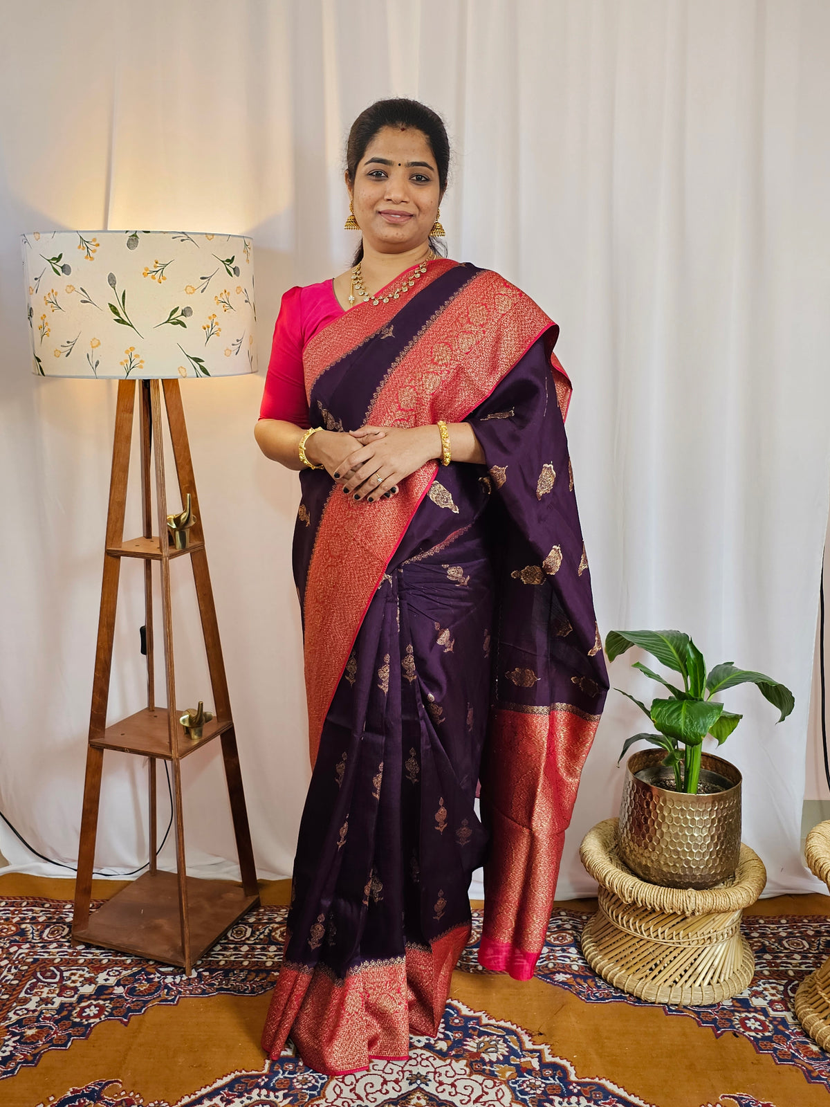 Jute Banarasi Silk Saree - Purple with Pink