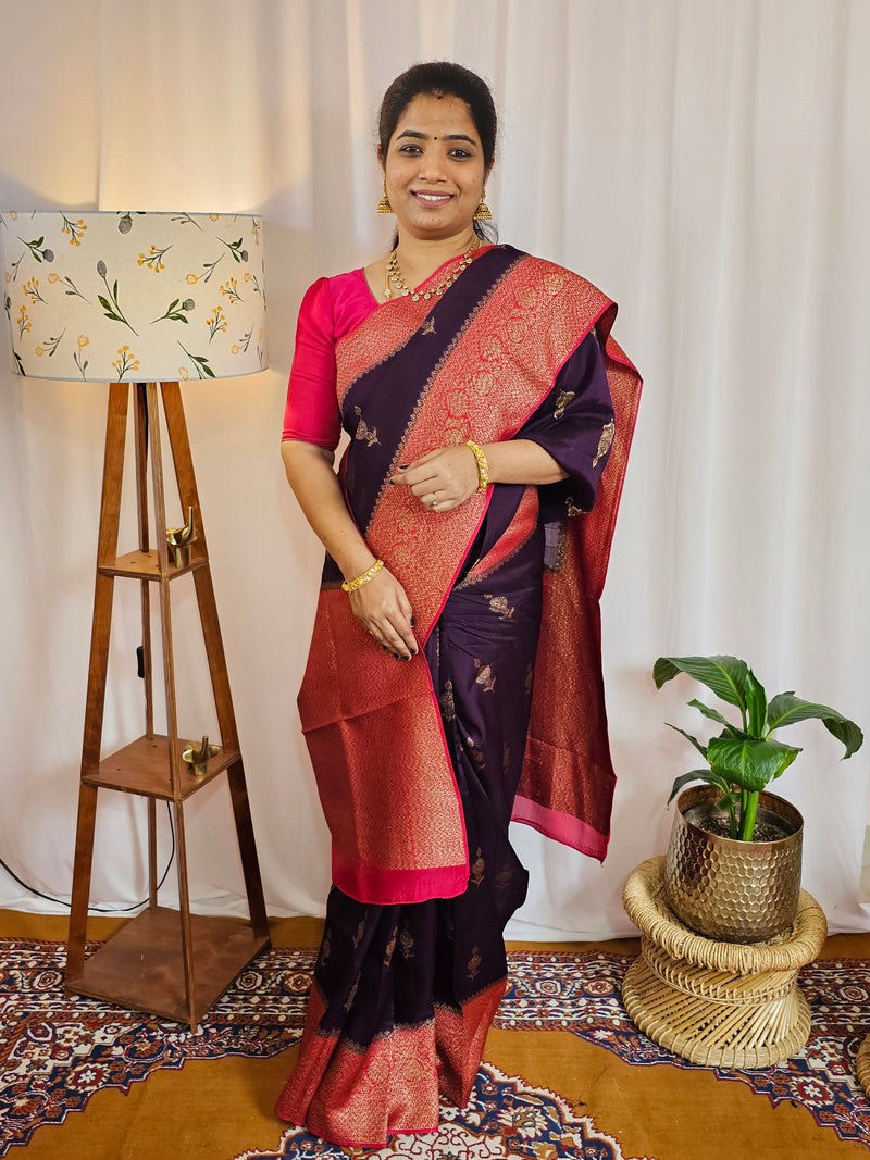 Jute Banarasi Silk Saree - Purple with Pink
