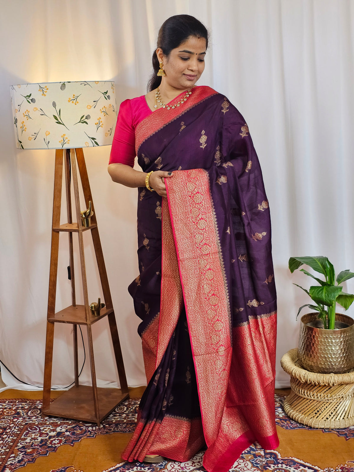 Jute Banarasi Silk Saree - Purple with Pink