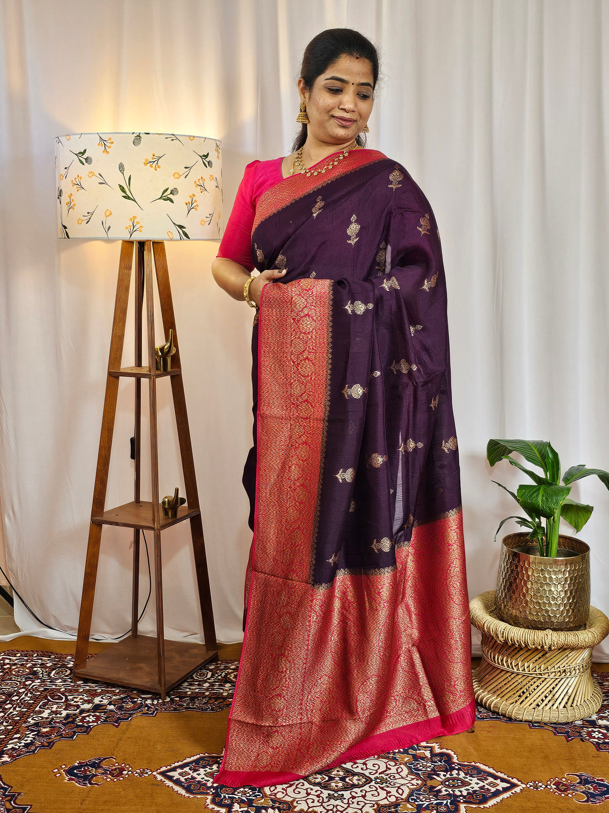 Jute Banarasi Silk Saree - Purple with Pink