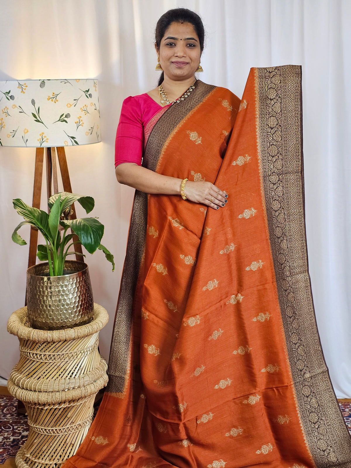 Jute Banarasi Silk Saree - Rust Orange with Brown